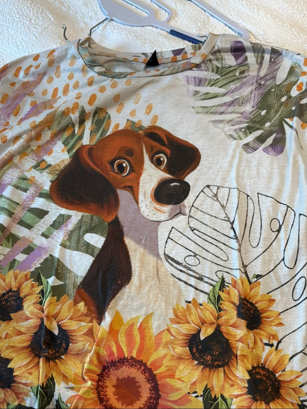 Sunflower & Dog Graphic Short Sleeve Tee - White with Brown & Green Accents